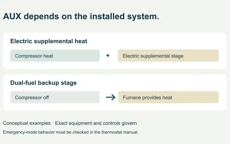 Original conceptual diagram: electric supplemental heat may assist the compressor; a dual-fuel backup stage may replace compressor heat. Exact controls govern.