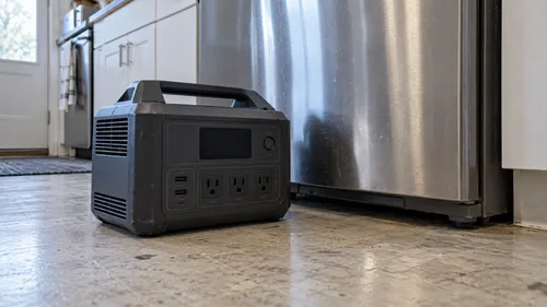 An unplugged portable battery station on a kitchen floor beside a refrigerator