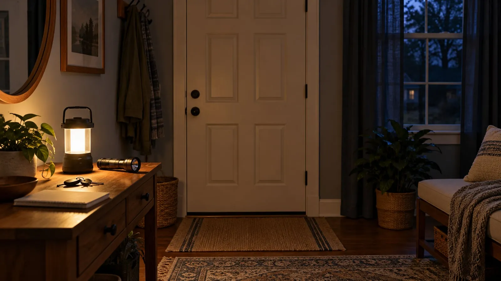 A closed interior door at dusk with a battery lantern, flashlight, keys, and notebook on a console.
