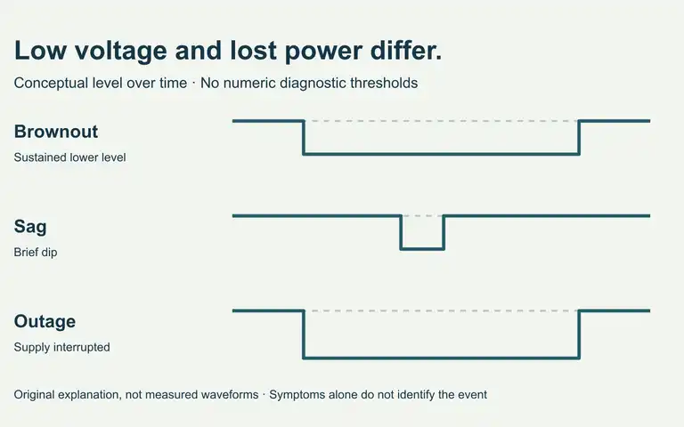 Original qualitative voltage-over-time diagram comparing a prolonged lower level, a brief dip and a complete interruption; no numeric diagnostic thresholds.