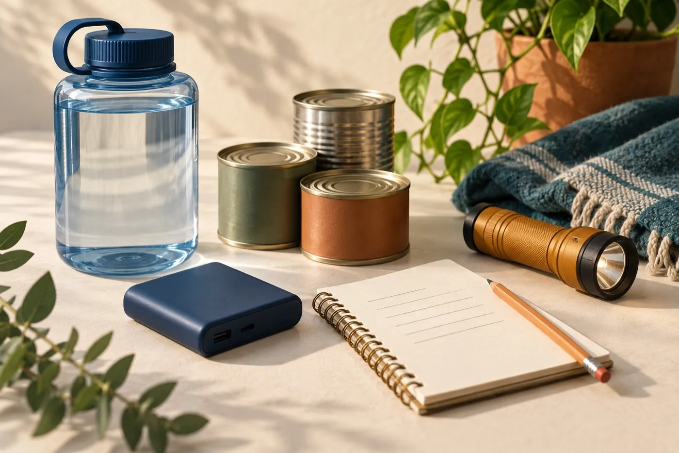Water bottle, food tins, flashlight, power bank, and a notebook arranged on a sunlit table
