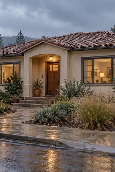 A modest California home on a rainy day, with a clear walkway, roof drainage, and hills visible in the distance; illustrative scene, not a forecast or actual storm