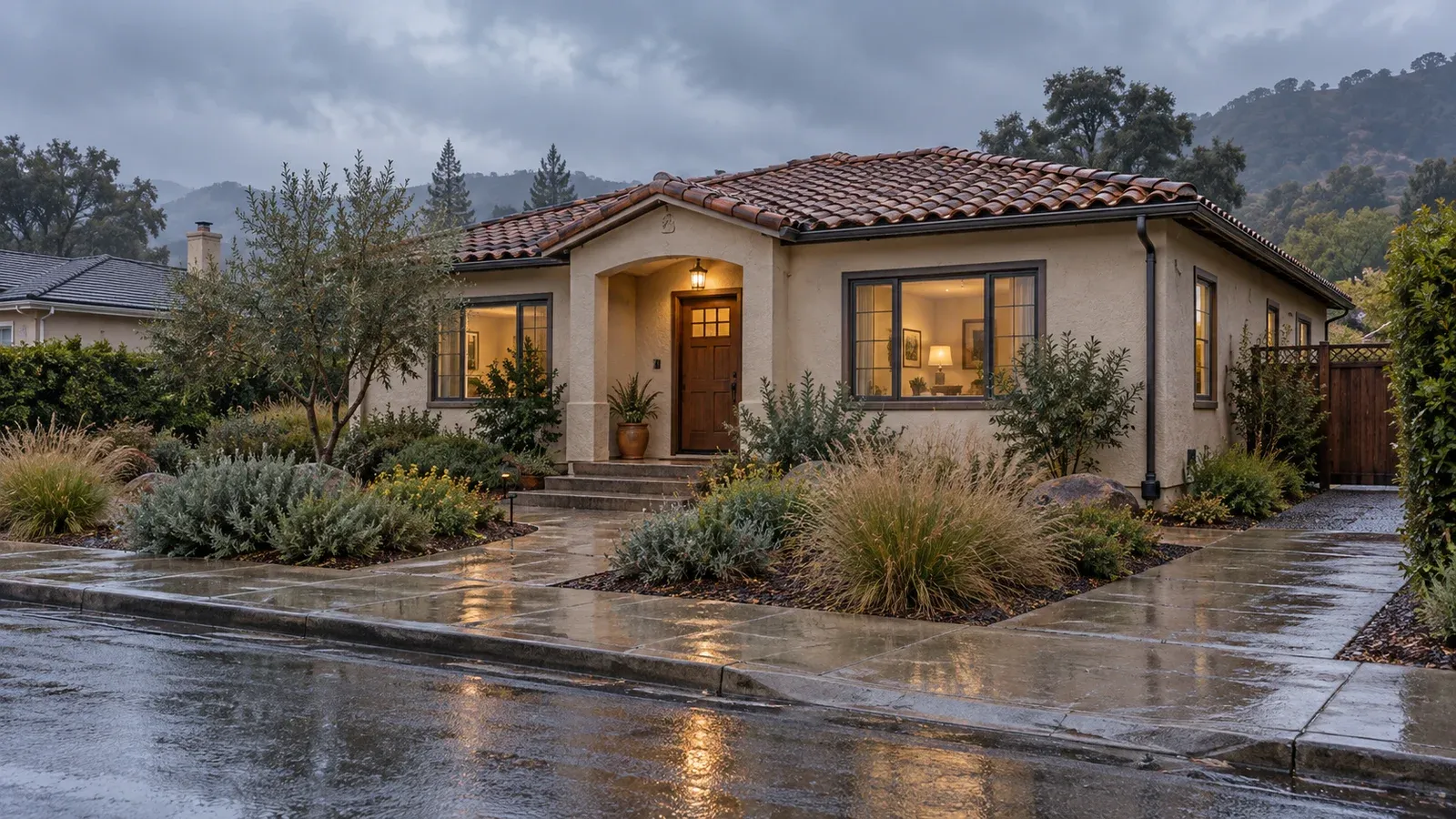 A modest California home on a rainy day, with a clear walkway, roof drainage, and hills visible in the distance; illustrative scene, not a forecast or actual storm