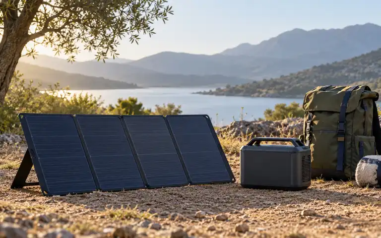 An unfolded portable solar panel, closed battery station, and camping backpack beside a lake.