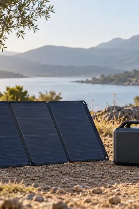 An unfolded portable solar panel, closed battery station, and camping backpack beside a lake.