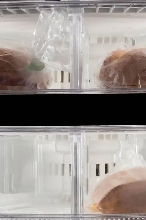 Two wrapped sandwiches sit in a freezer drawer.