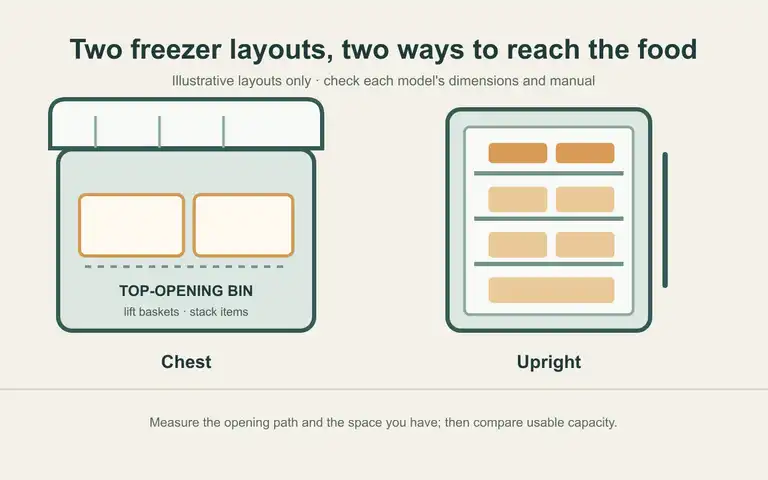 Original illustration comparing a top-opening chest freezer with baskets and an upright freezer with shelves.