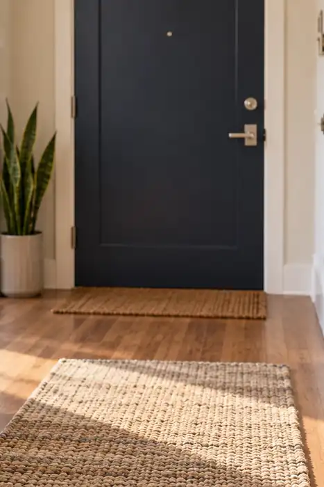 Capped water jug, folded blankets, flashlight, and closed pouches on apartment entry shelves, with a notebook on the console and a clear walkway.