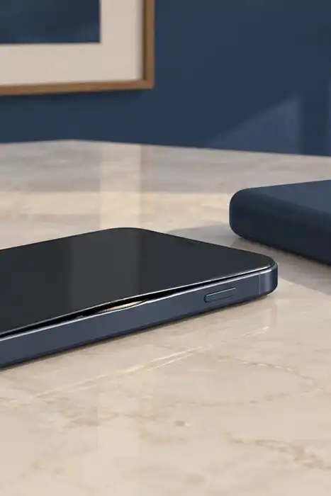 Editorial illustration of a phone with a slightly separated case, closed power bank and disconnected USB cable.