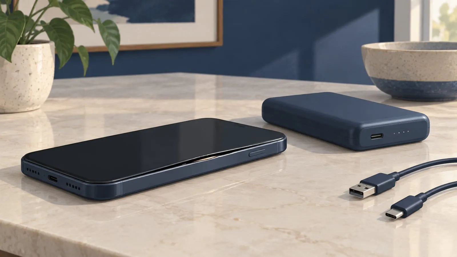 Editorial illustration of a phone with a slightly separated case, closed power bank and disconnected USB cable.