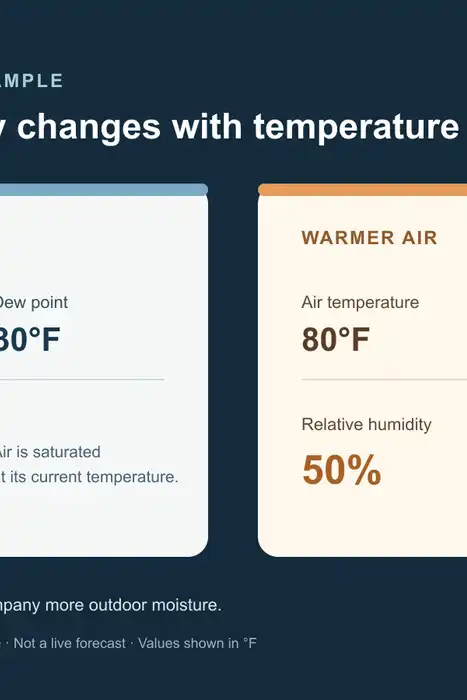 Two National Weather Service examples compare 30 degrees Fahrenheit with a 30-degree dew point and 100 percent relative humidity, and 80 degrees with a 60-degree dew point and 50 percent relative humidity.
