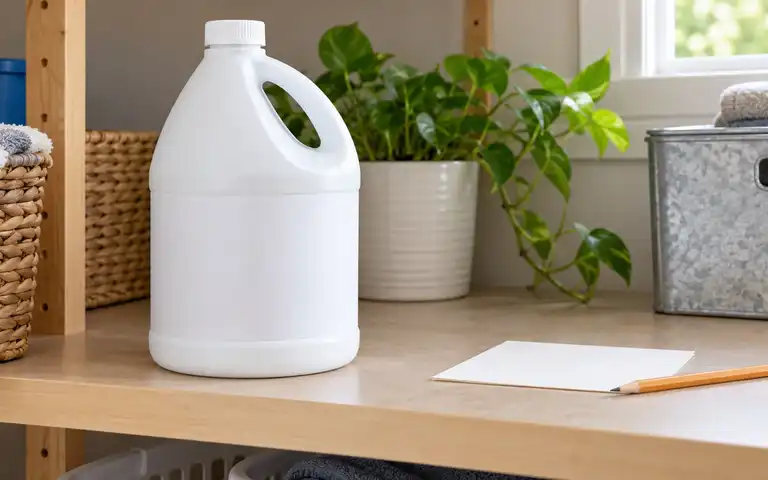 Editorial illustration of a plain, unmarked white bottle beside a blank date card and pencil on a utility shelf.