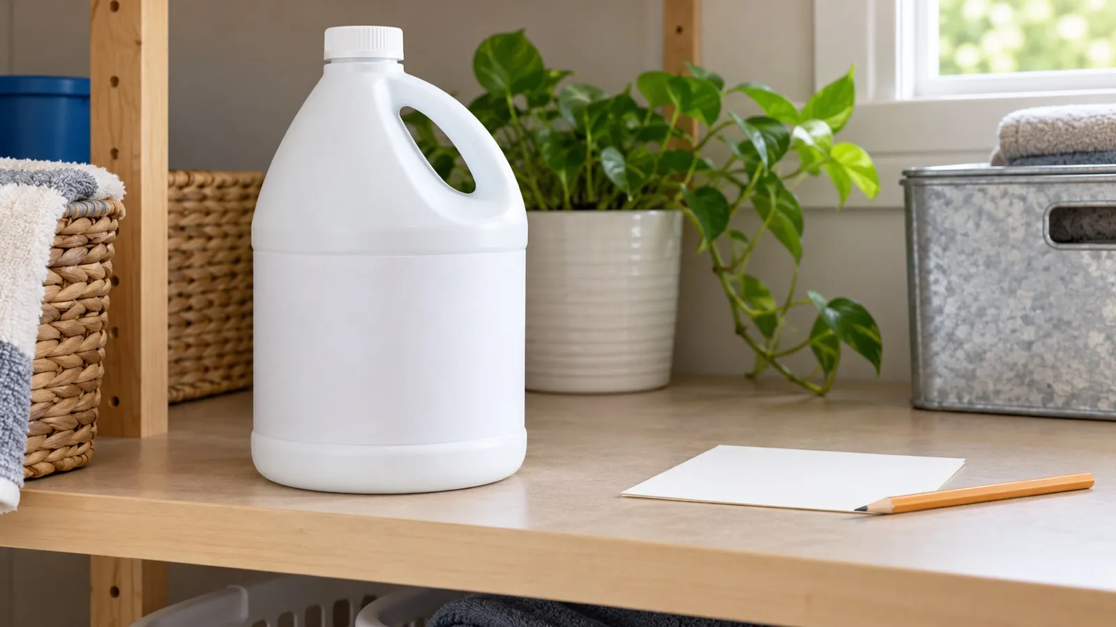 Editorial illustration of a plain, unmarked white bottle beside a blank date card and pencil on a utility shelf.