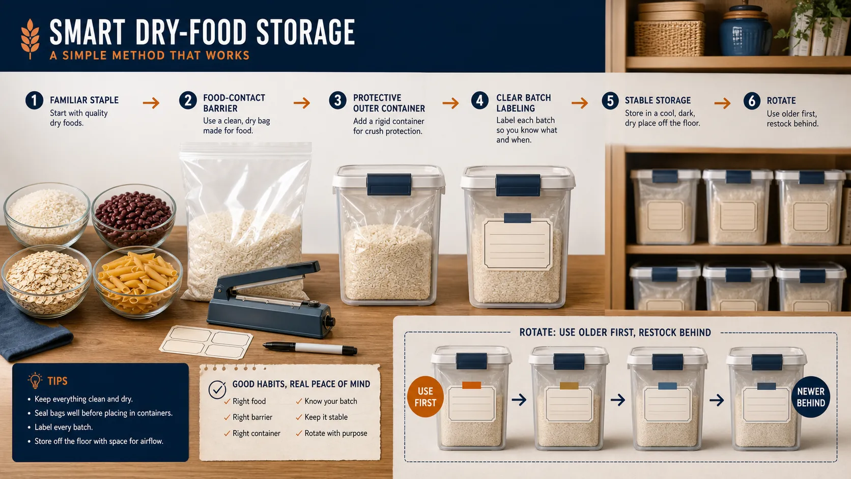 Dry staples moving from food-contact bags into labeled protective containers and a first-in, first-out rotation