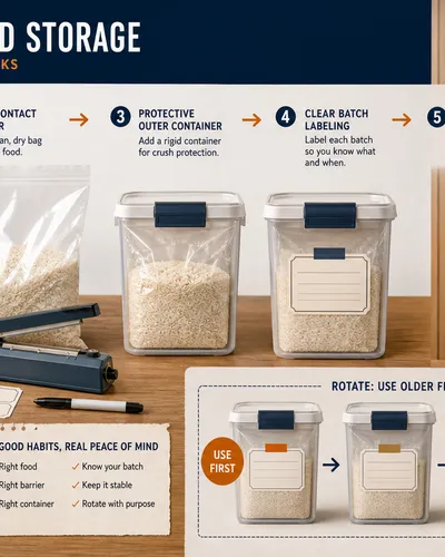Dry staples moving from food-contact bags into labeled protective containers and a first-in, first-out rotation