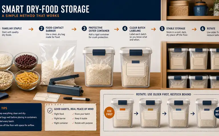 Illustrated sequence of dry staples, sealed bags, labeled storage containers, and a rotation checklist