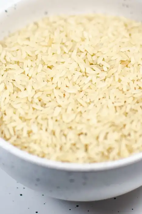 Uncooked rice grains in a speckled white bowl on a matching plate.