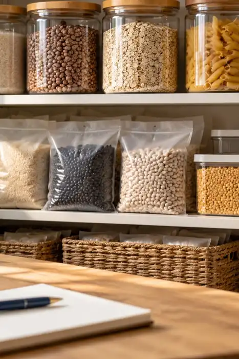 Illustration of sealed containers and bags of dry staples beside a blank notebook in a pantry