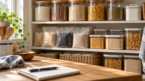 Illustration of sealed containers and bags of dry staples beside a blank notebook in a pantry