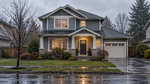 An ordinary two-story home and wet pavement on a rainy gray day.
