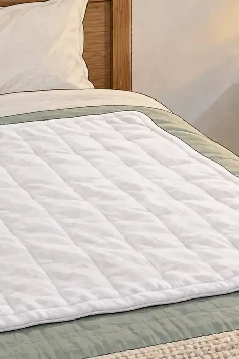 Editorial illustration of a quilted blanket on a bed with a disconnected controller and plug on the bedside table.