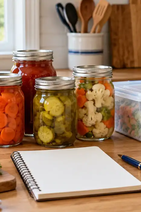 Illustration of sealed jars, a closed freezer container, an empty dehydrator tray, and a blank notebook on a kitchen counter