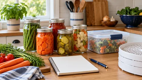 Illustration of sealed jars, a closed freezer container, an empty dehydrator tray, and a blank notebook on a kitchen counter