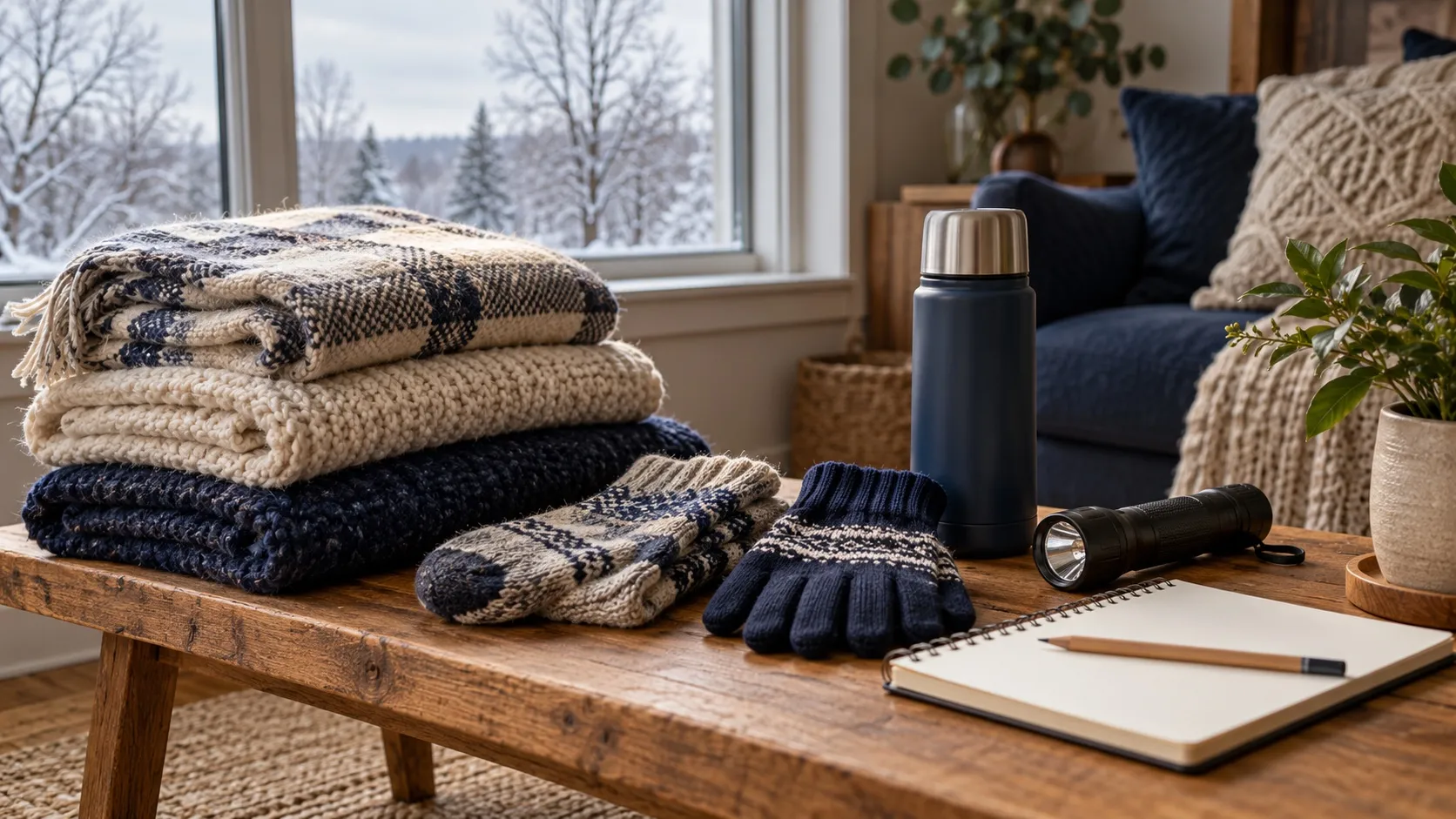 Folded blankets, gloves, a thermal flask, flashlight, and blank notebook beside a closed snowy window.