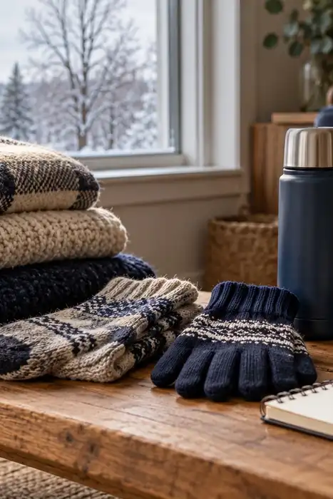 Folded blankets, gloves, a thermal flask, flashlight, and blank notebook beside a closed snowy window.