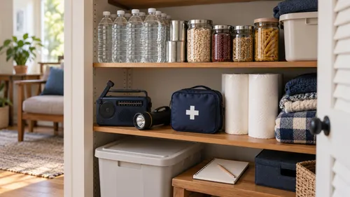 A home closet shelf with sealed water and pantry containers, a radio, flashlight, first-aid pouch, and a blank notebook.