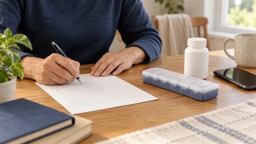 A person writes a medication list beside a pill organizer, plain bottle, and phone.