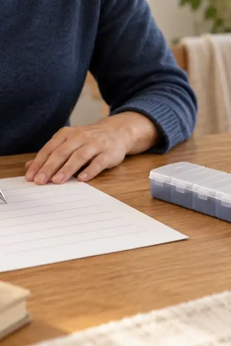 A person writes a medication list beside a pill organizer, plain bottle, and phone.