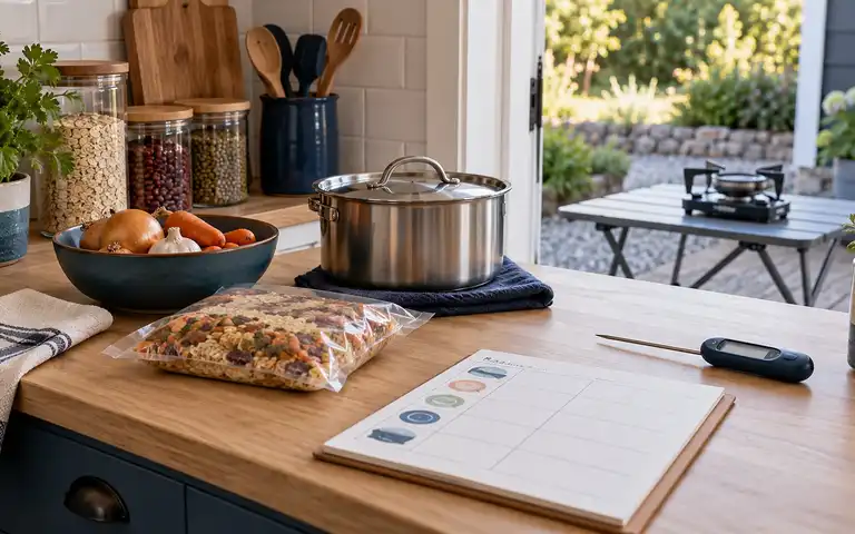 Meal-planning sheet, pantry food, pot, and thermometer on a kitchen counter beside an unlit stove outdoors
