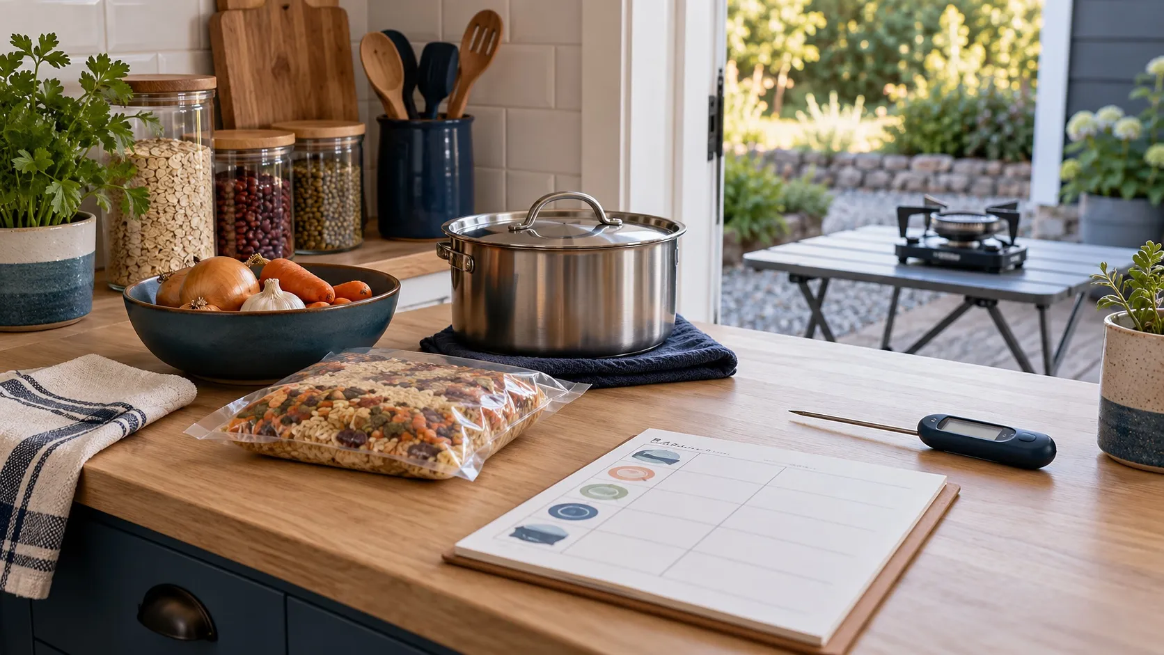 Meal-planning sheet, pantry food, pot, and thermometer on a kitchen counter beside an unlit stove outdoors