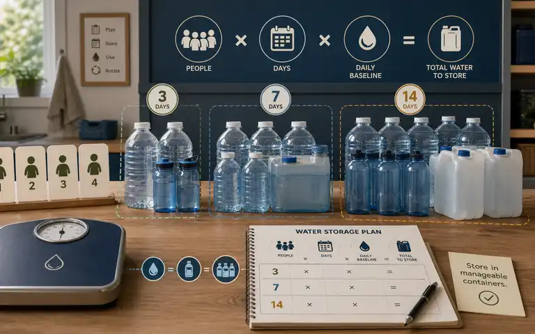 Four household markers, water bottles and larger containers beside a planning worksheet