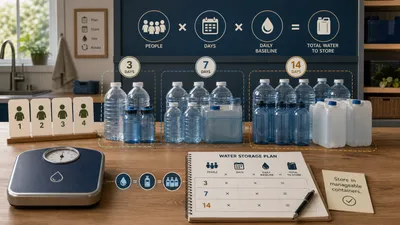 Four household markers, manageable water containers, and a worksheet relating people, days, and a daily baseline