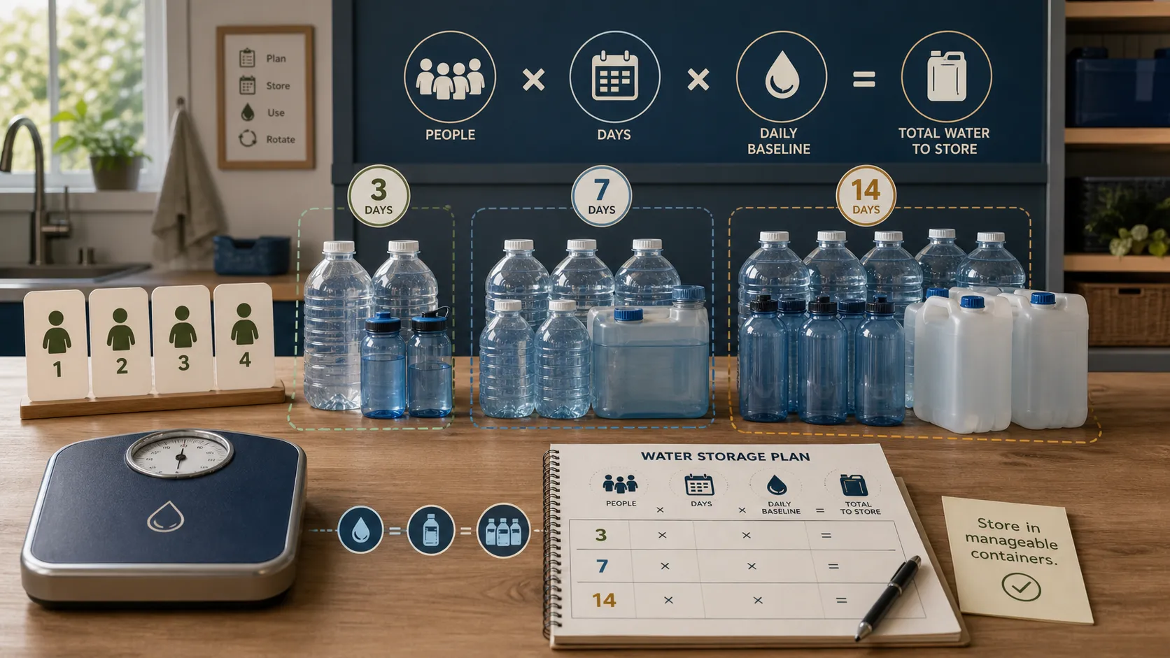 Four household markers, manageable water containers, and a worksheet relating people, days, and a daily baseline