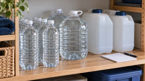 Illustration of closed water bottles and storage containers beside a blank inventory card on a pantry shelf