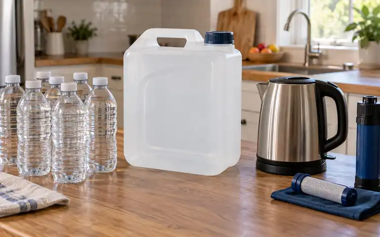 Bottled water, an empty water container, an electric kettle, and a portable filter arranged separately on a kitchen counter