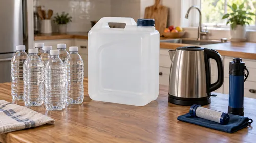 Bottled water, an empty water container, an electric kettle, and a portable filter arranged separately on a kitchen counter