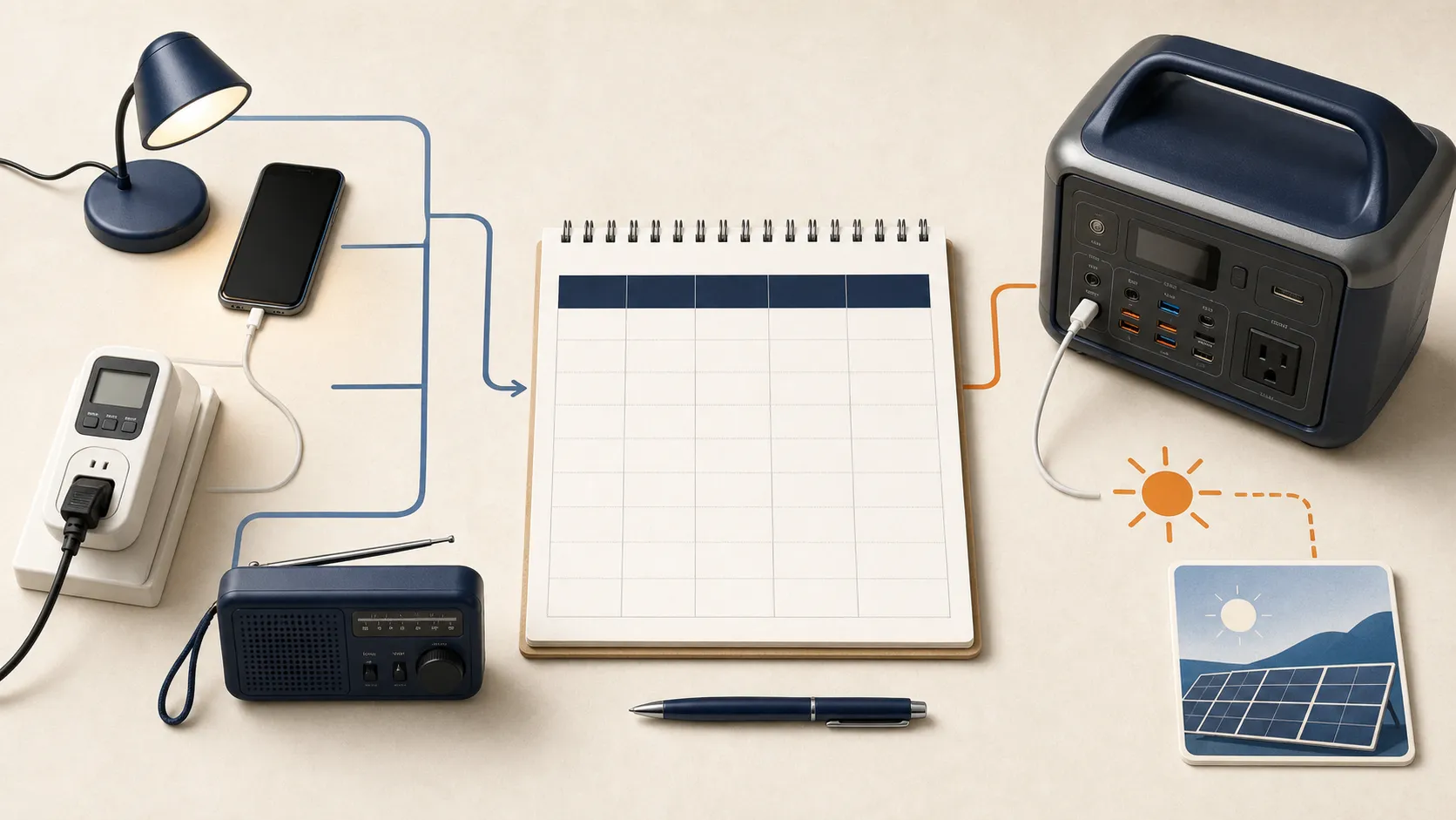 Illustrated essential-load planning workbench with a lamp, phone, power meter, radio, blank load worksheet, compact battery power station, and solar recharge cue