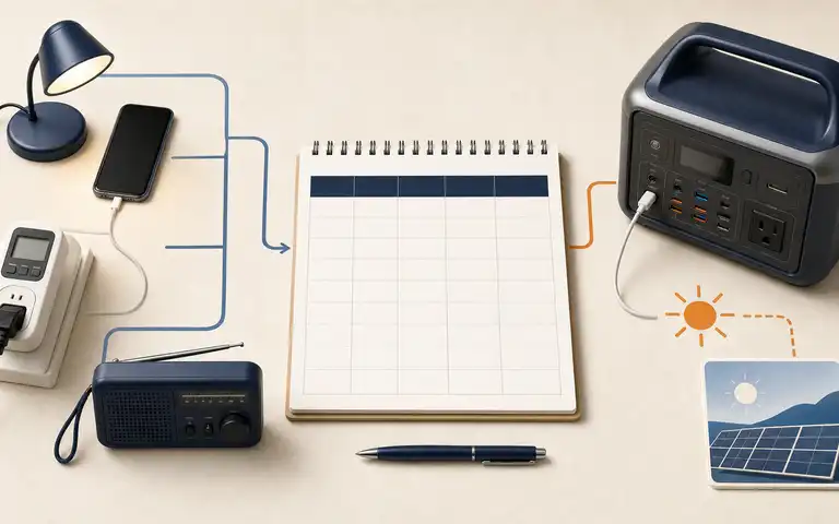 Lamp, phone, and radio beside an empty load worksheet and a portable power station