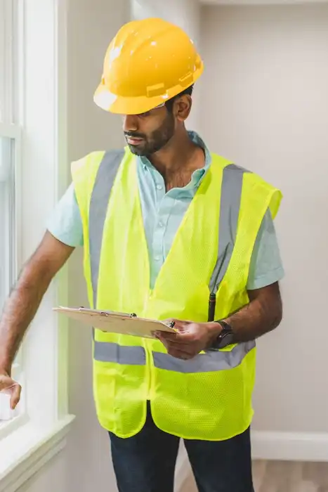 A person in a hard hat and high-visibility vest examines a residential window while holding a clipboard.