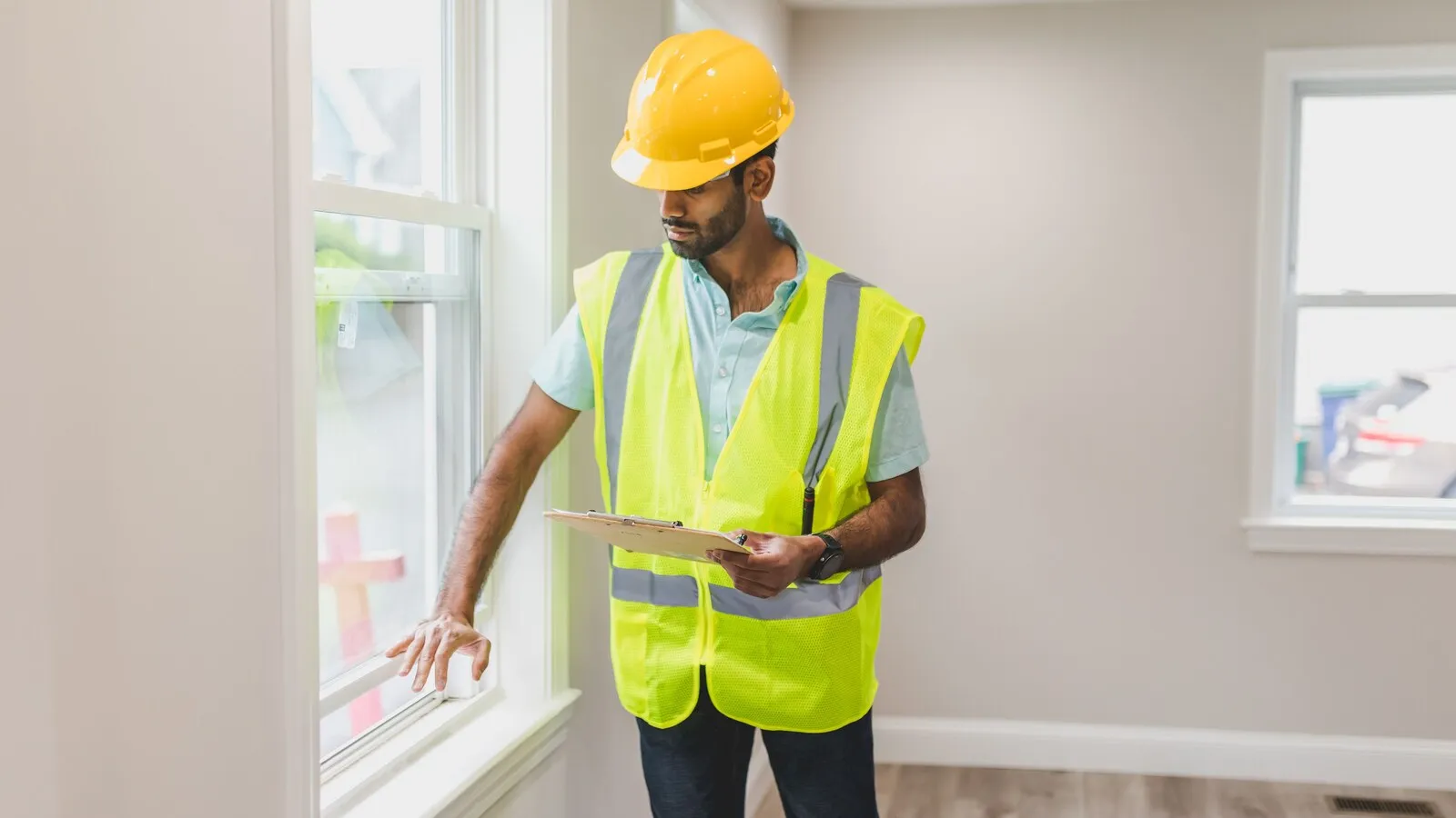 A person in a hard hat and high-visibility vest examines a residential window while holding a clipboard.