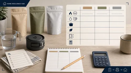 Unbranded meal pouches, measured water, cookware, and a blank comparison grid for evaluating freeze-dried meals