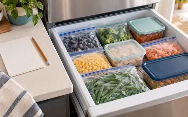 Editorial illustration of packaged frozen vegetables and closed containers in a freezer drawer beside a blank notebook.