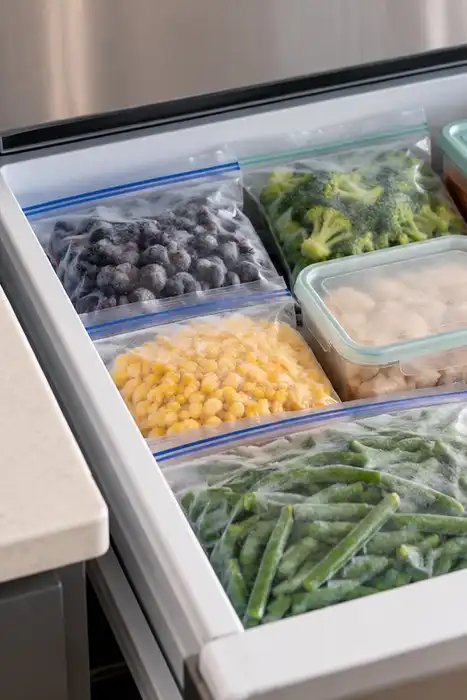 Editorial illustration of packaged frozen vegetables and closed containers in a freezer drawer beside a blank notebook.