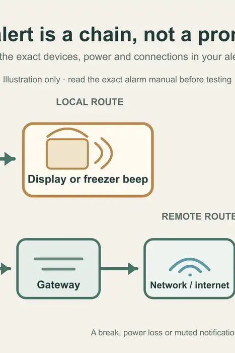 Original diagram of a freezer sensor sending a local alert and a separate remote alert through a gateway to a phone.