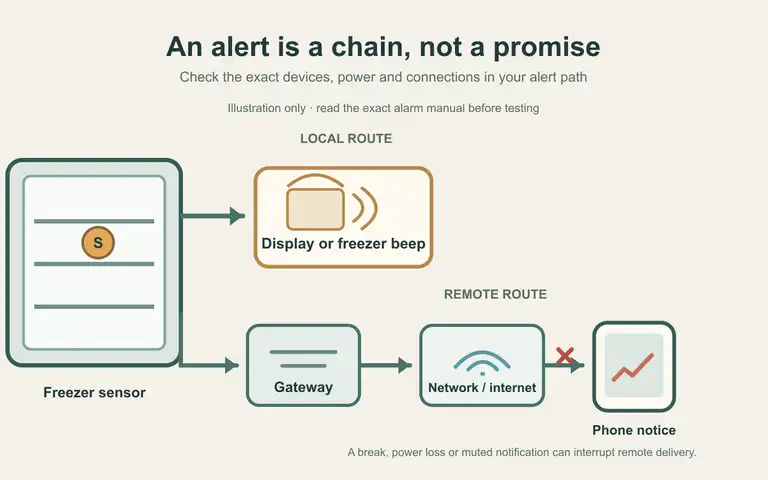 Original diagram of a freezer sensor sending a local alert and a separate remote alert through a gateway to a phone.