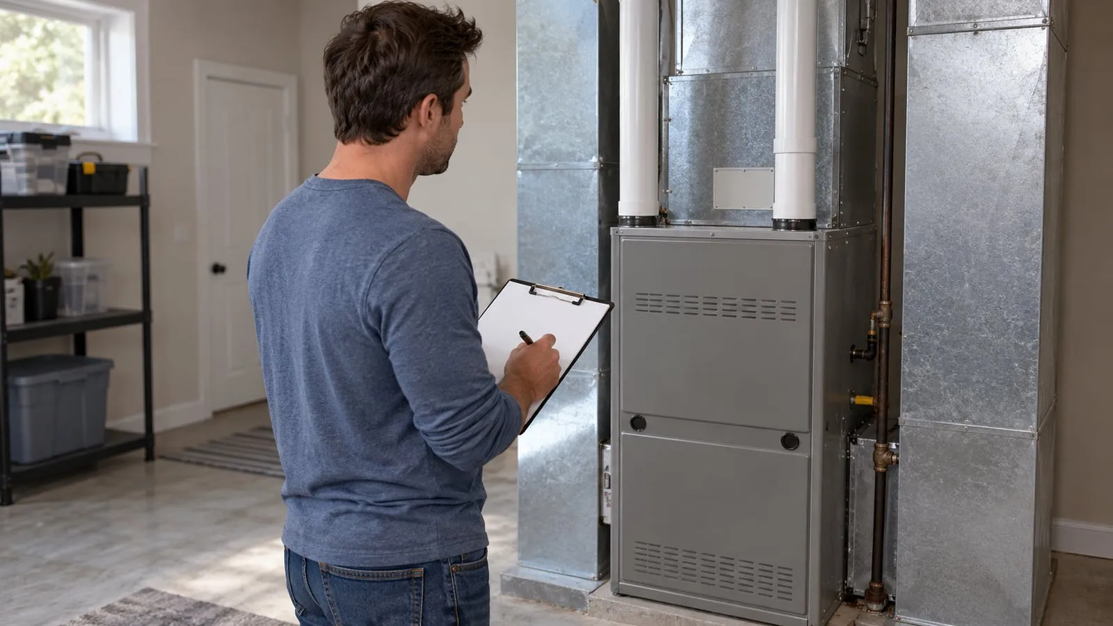 Editorial illustration of a person recording information beside a closed furnace cabinet.